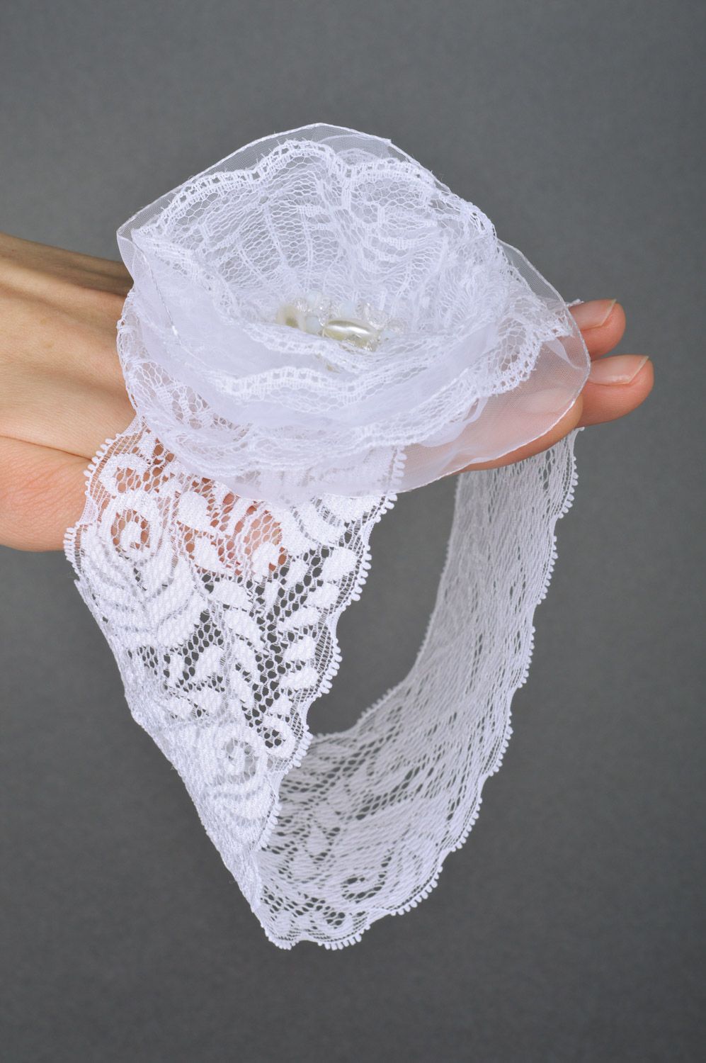 Handmade festive tender white lace headband with satin flower and beads  photo 2