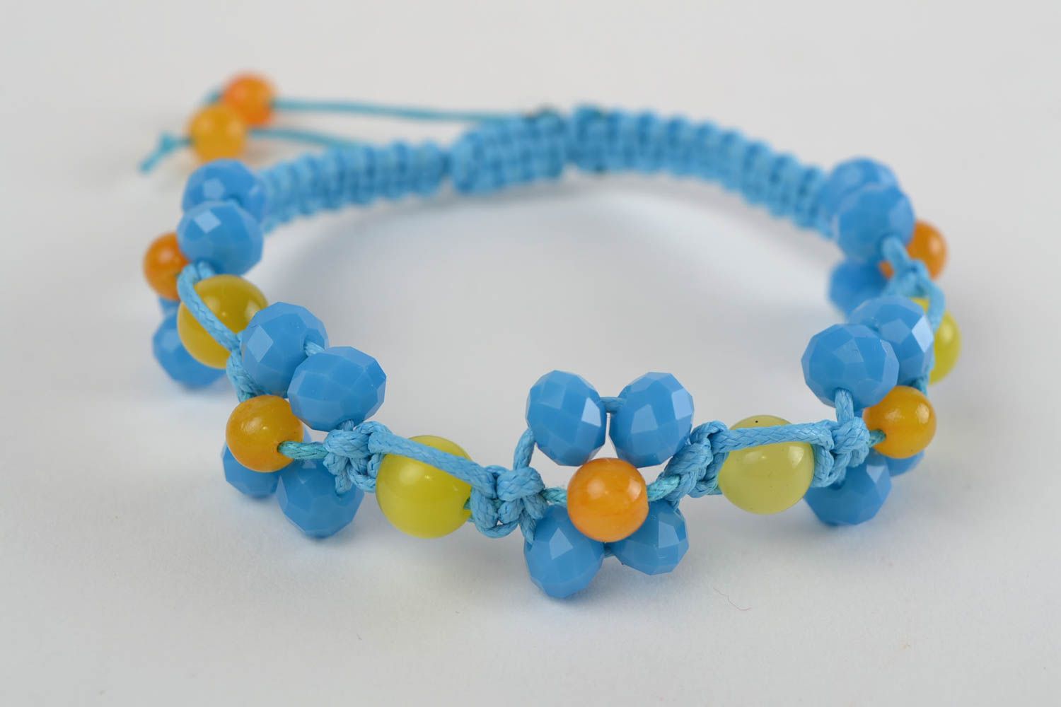 Macrame blue handmade bracelet created of Czech glass beads and waxed cord photo 4
