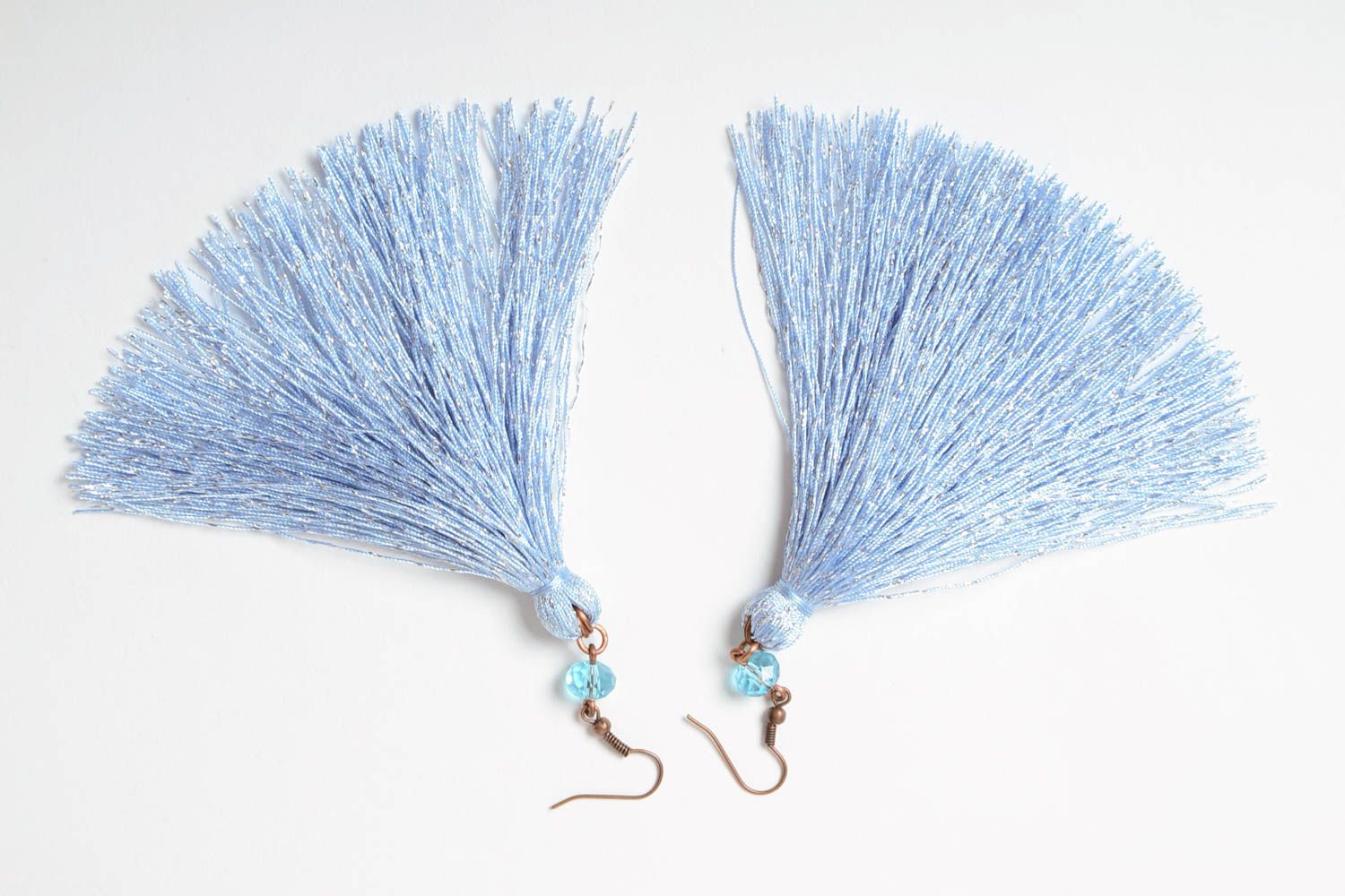 Beautiful stylish handmade blue textile tassel earrings with quartz beads photo 5