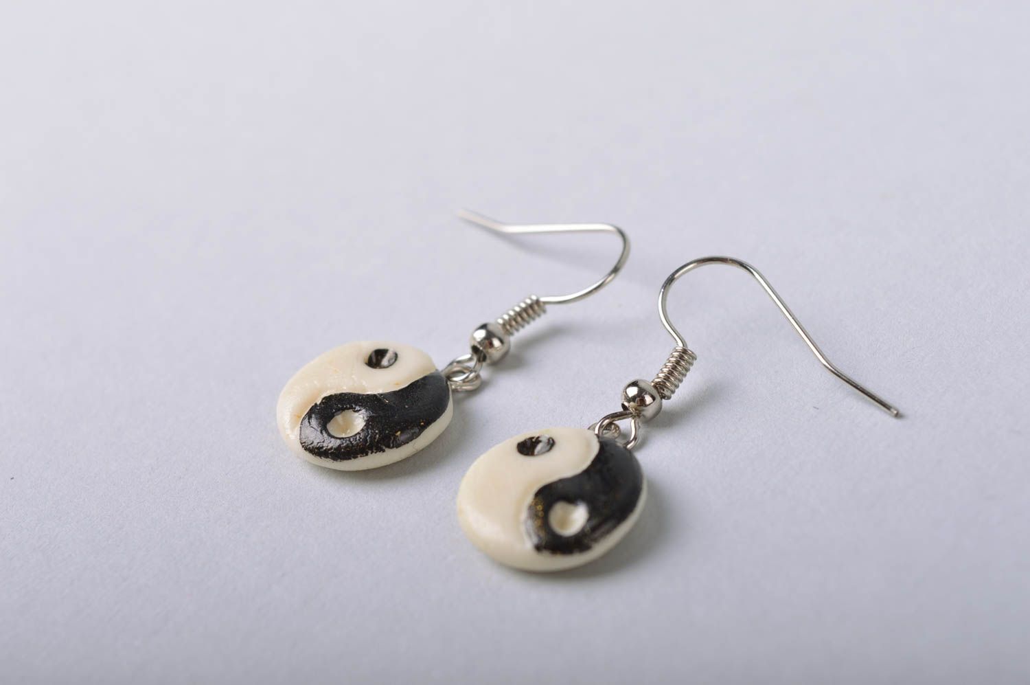 Handmade designer round cold porcelain black and white earrings Yin and Yang photo 3