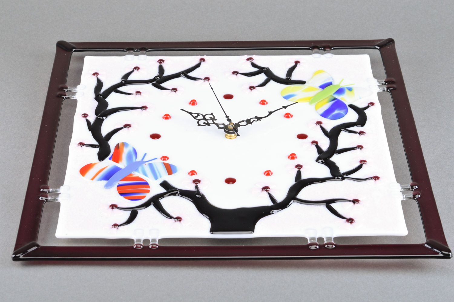 Квадратные настенные часы из стекла ручной работы в технике фьюзинг японская сакура фото 2