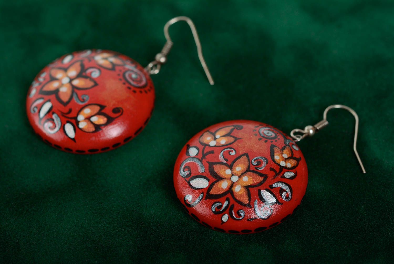 Unusual beautiful festive handmade designer painted wooden earrings of red color photo 3