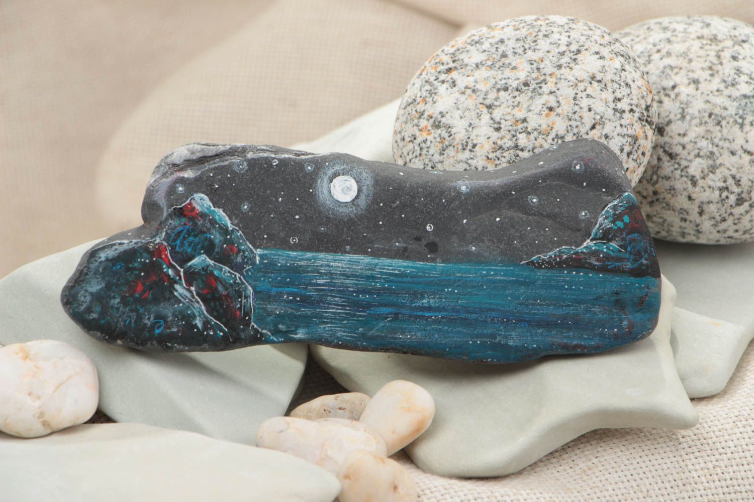 Unusual beautiful handmade large painted sea stone for home decor Landscape photo 1