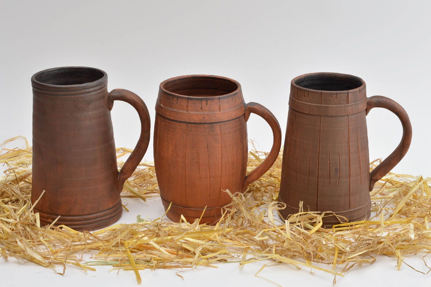 Set of 3 different clay beer mugs in German-style in dark brown color 4,46 lb photo 1