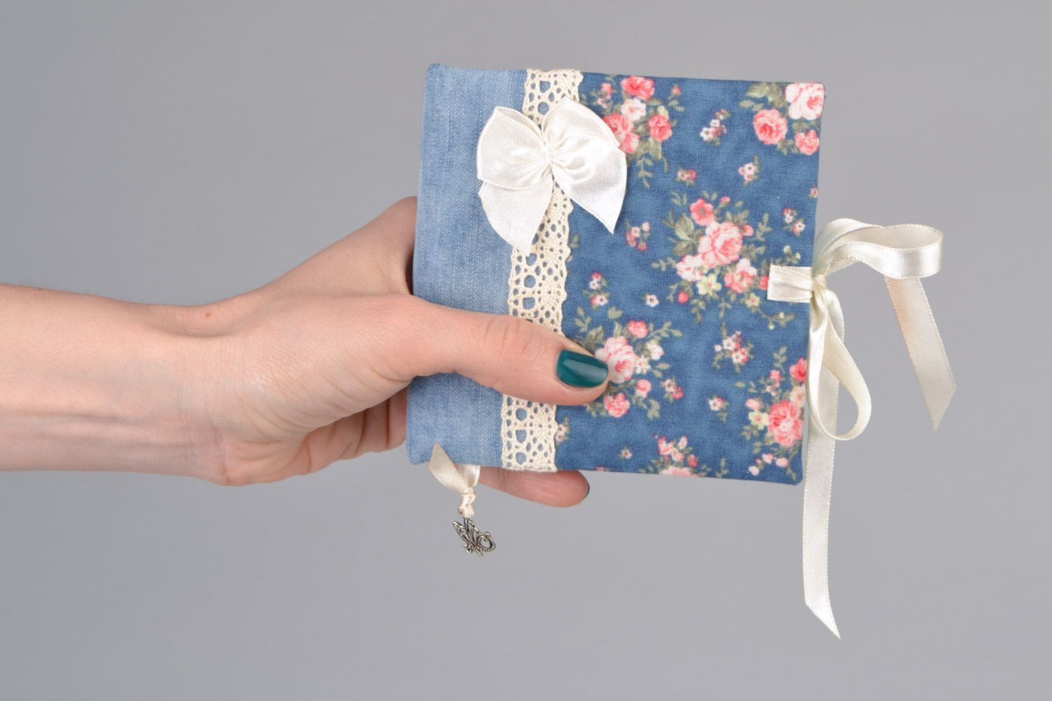 Handmade notebook with soft fabric cover with floral pattern for 86 pages photo 2