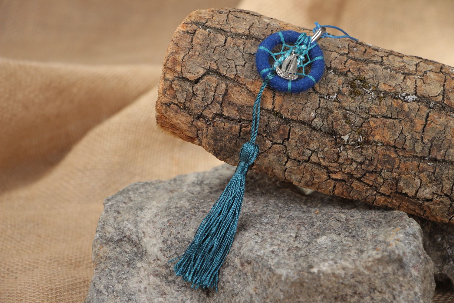 Handmade Native American dreamcatcher pendant necklace in blue color with tassel photo 1