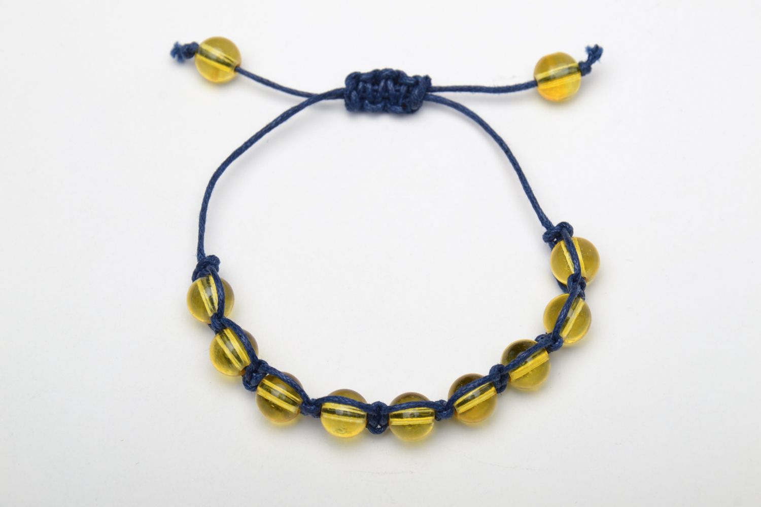 Bracelet en perles de verre jaunes tressé de lacet ciré bleu femme fait main photo 2