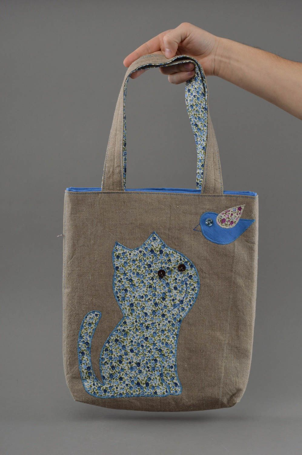 Bolso hecho a mano de lino gris regalo para mujer bolso grande original con gato foto 4