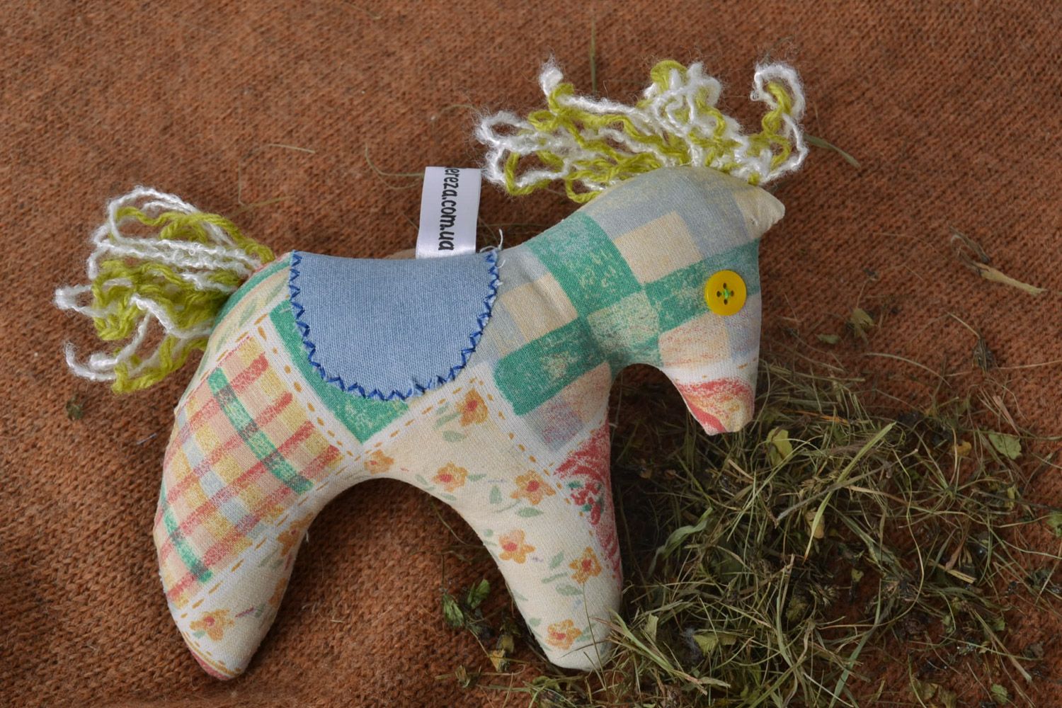 Small handmade colorful fabric soft toy horse styled on patchwork for child photo 1
