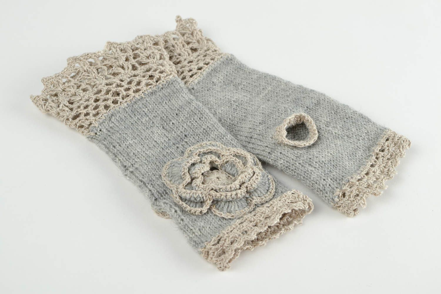 Mitaines tricot fait main Gants mitaines laine lin gris Accessoire femme photo 3