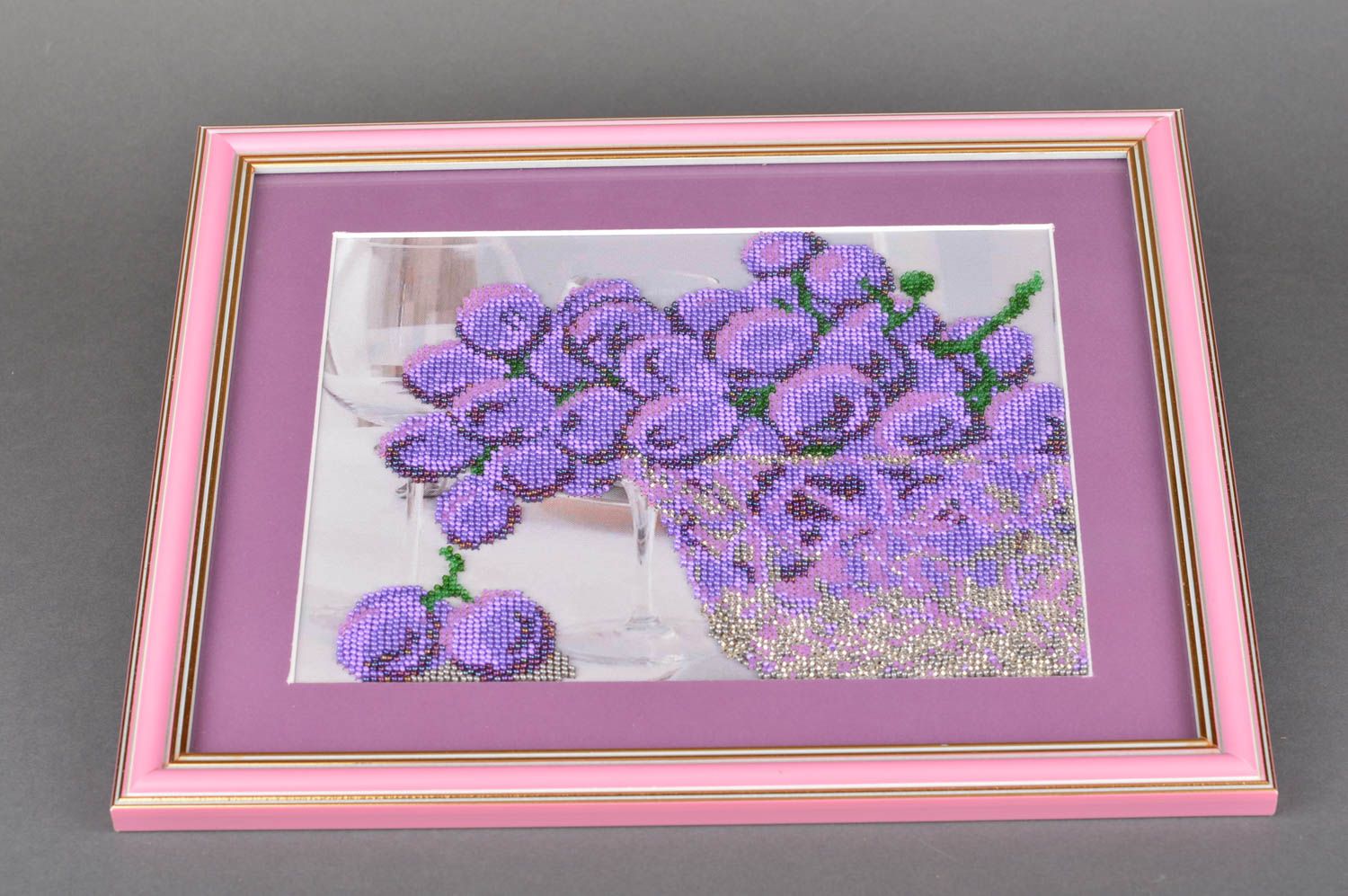 Handmade designer picture embroidered with beads in frame under glass Grapes photo 5