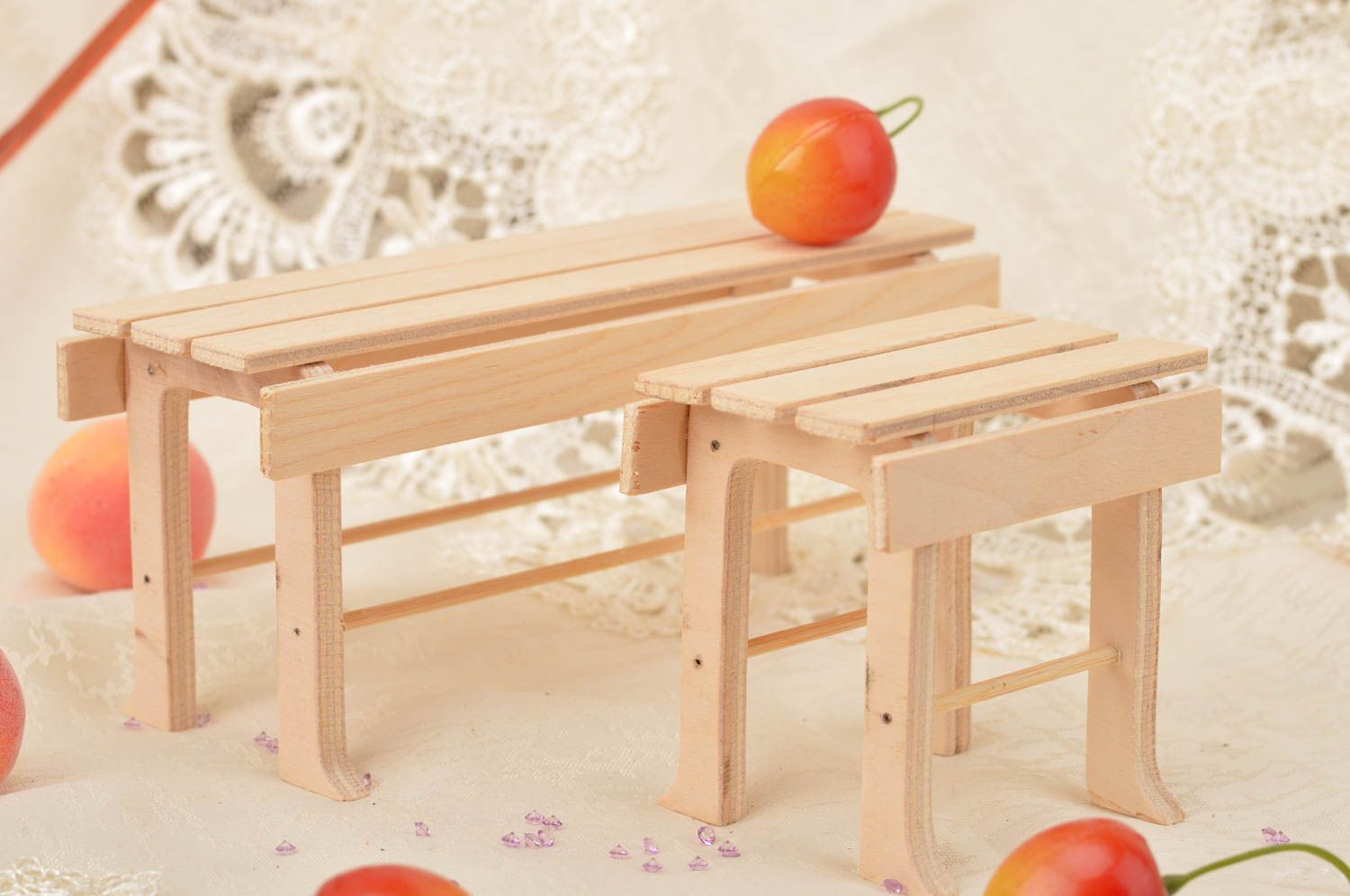 Handmade cute bench and chair for dolls made of plywood for kids games photo 1