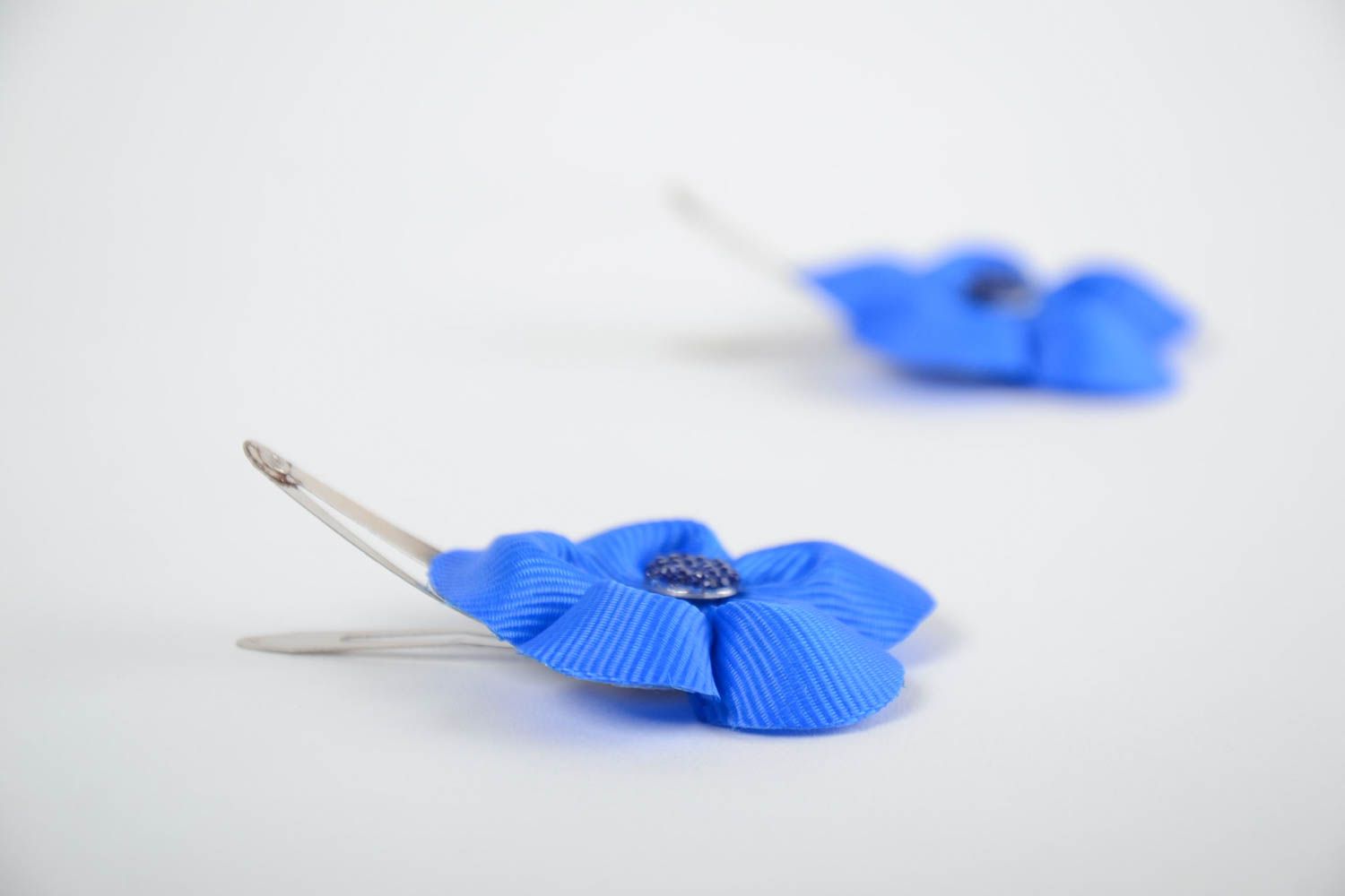 Set of handmade designer decorative hair clips with bright blue kanzashi flowers photo 4