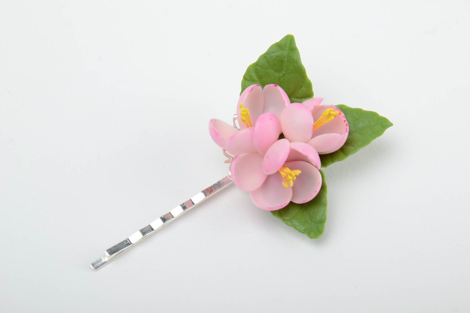Handmade floral decorative metal hair pin with cold porcelain apple blossom  photo 3