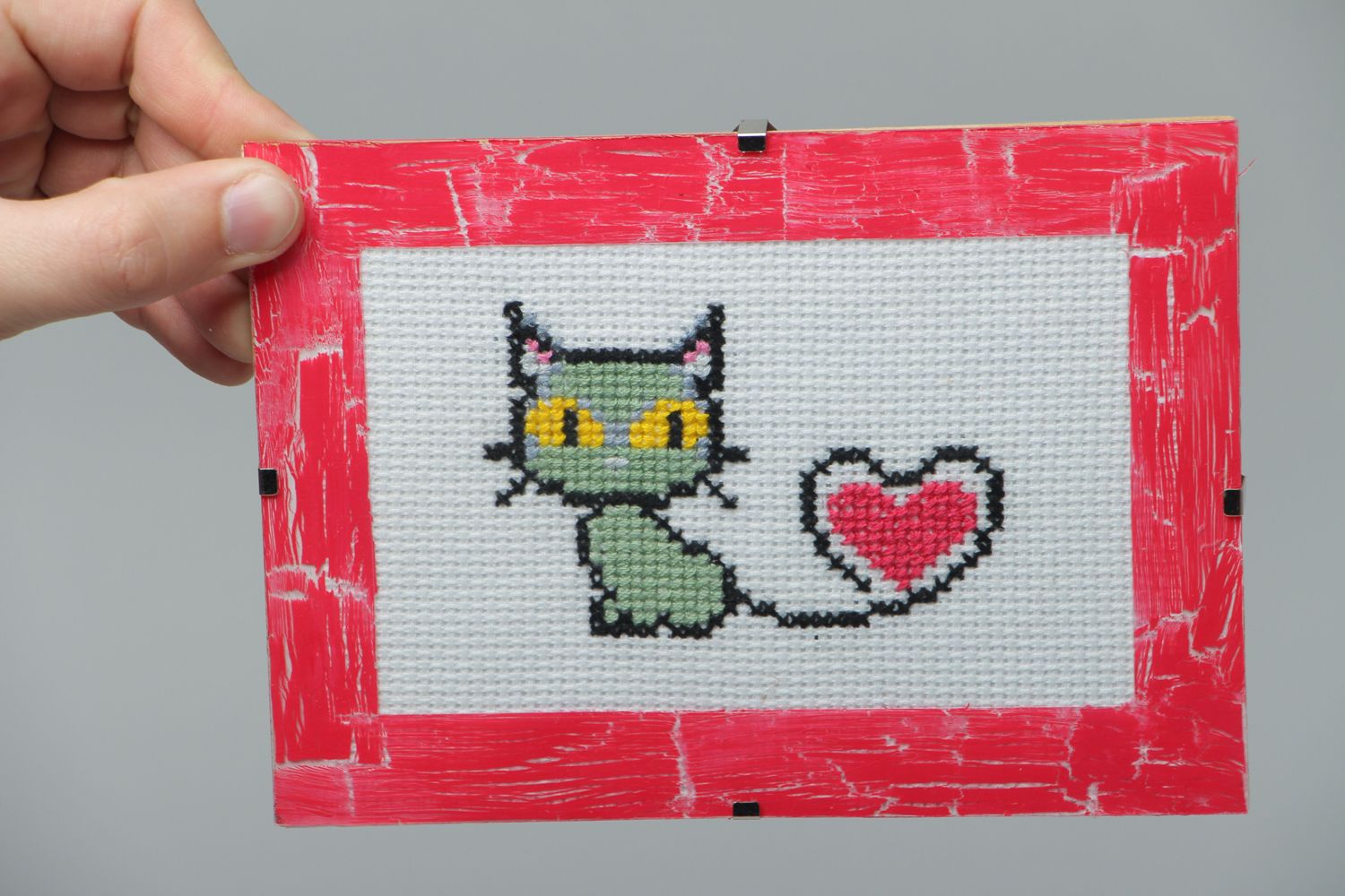 Cross stitched picture with frame Cat photo 4