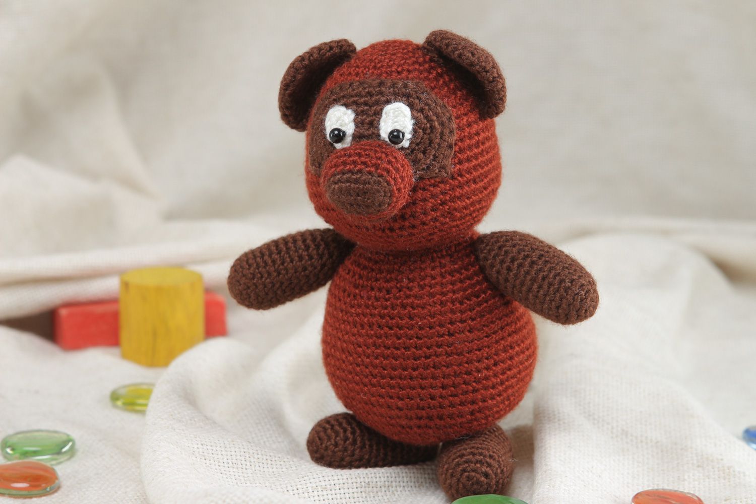 Cute handmade soft toy bear crocheted of brown acrylic threads for children photo 5