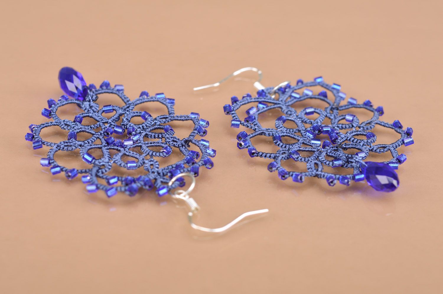 Handmade lacy tatted earrings woven of blue satin threads with Czech beads photo 4