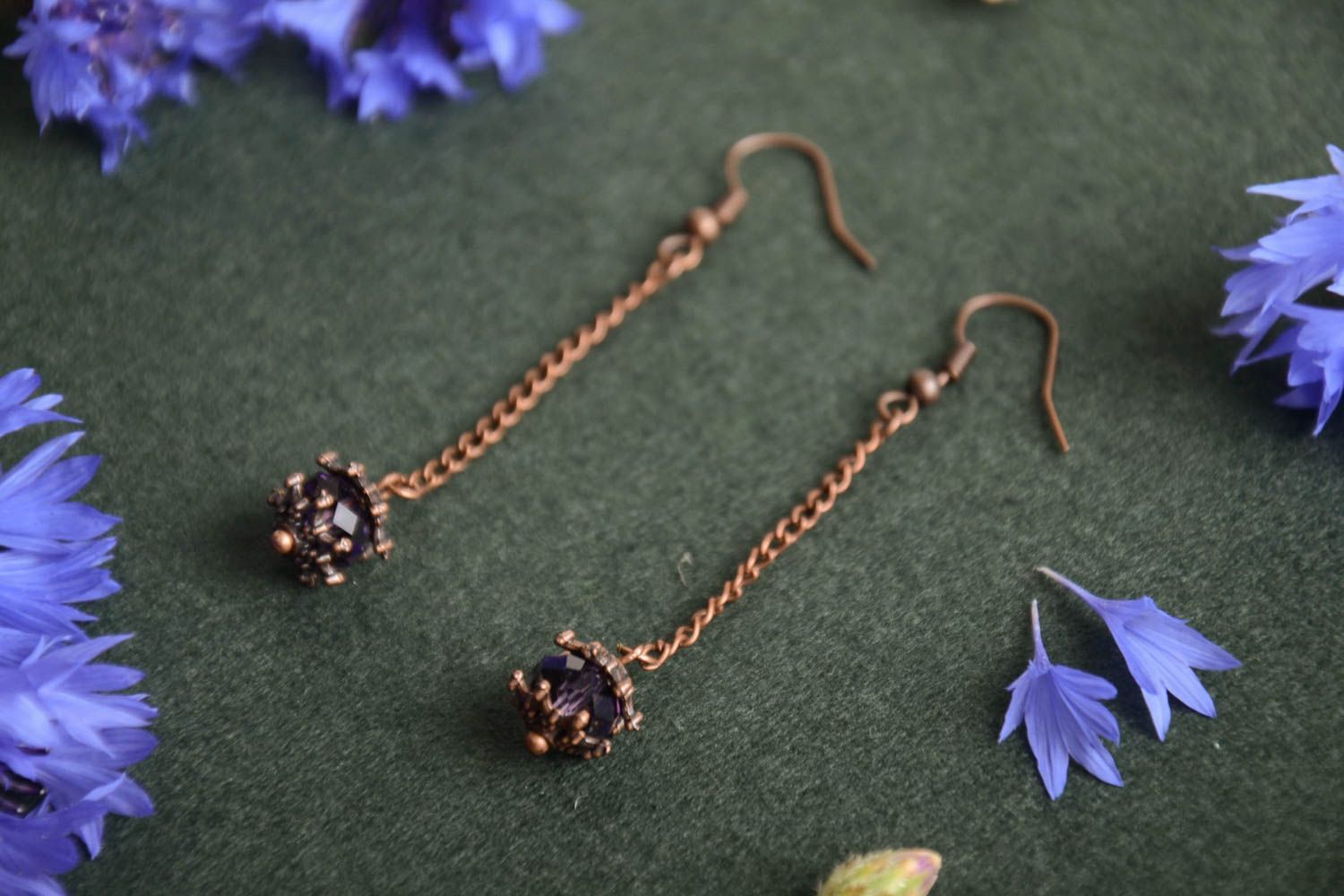 Small handmade long copper earrings with beads unusual stylish women's jewelry photo 1