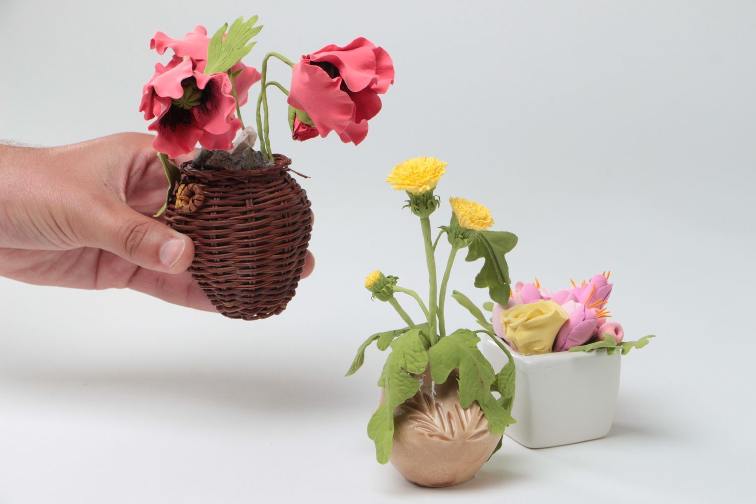 Kunstblumen Set Blumen aus Polymerton in Töpfen 3 Stück Handarbeit originell foto 5
