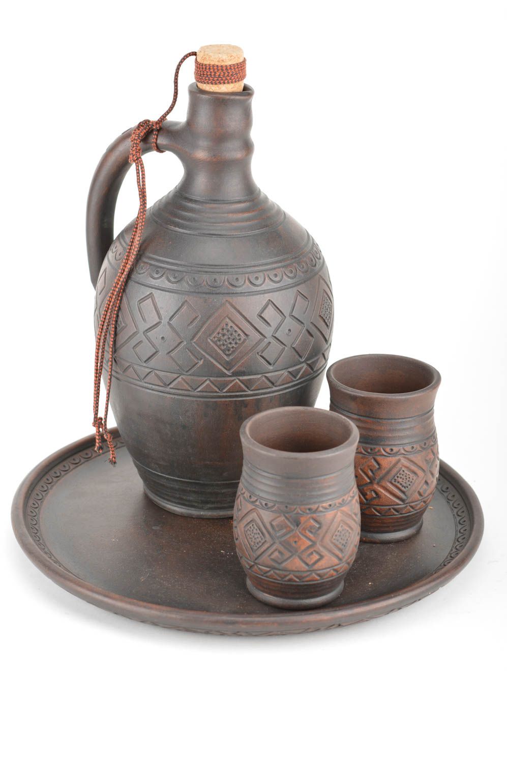 Set of handmade wine pottery in dark brown color ceramic pitcher-bottle for 66 oz and two wine 18 oz cups photo 5
