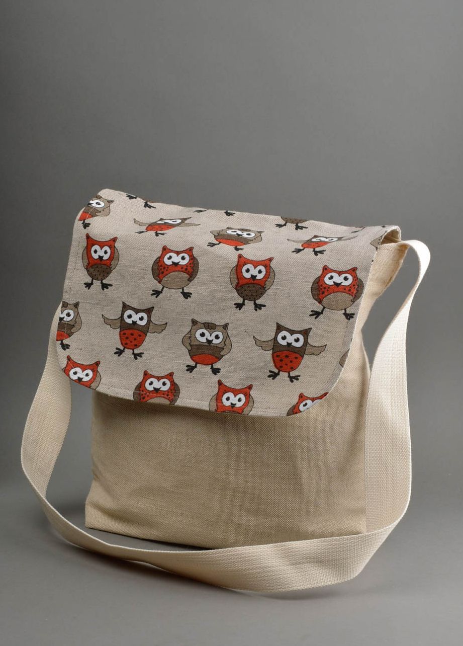 Sac en tissu fait main avec imprimé hiboux en lin et coton accessoire pour femme photo 2