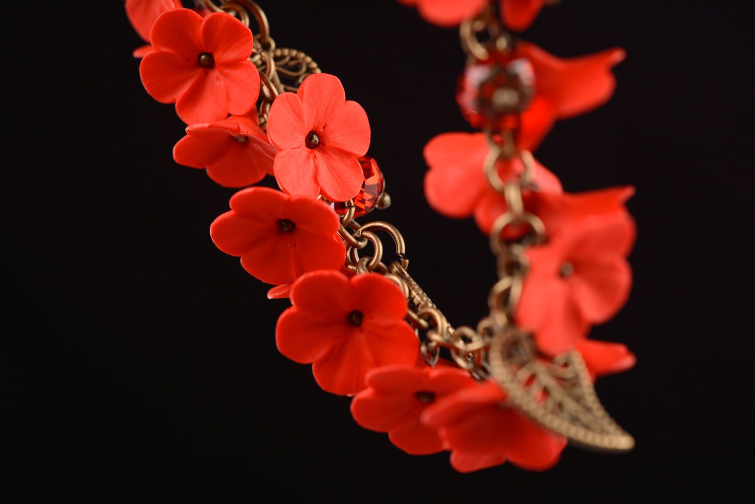 Handmade polymer clay bracelet Red Flowers photo 3