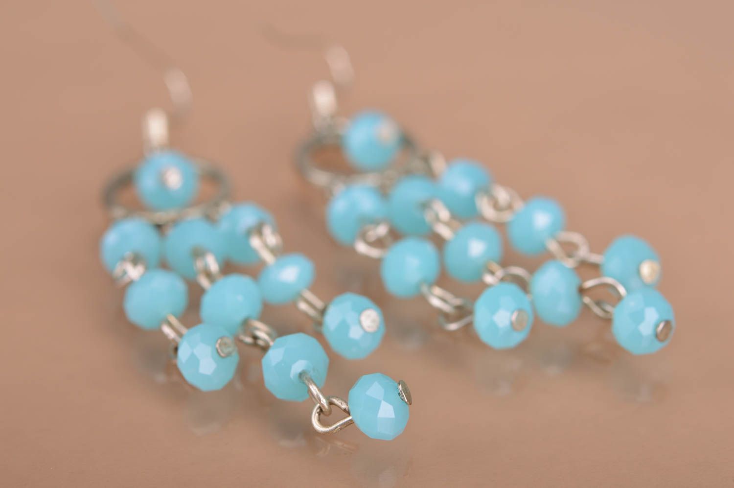 Handmade designer long metal earrings with blue crystal beads festive stylish photo 4
