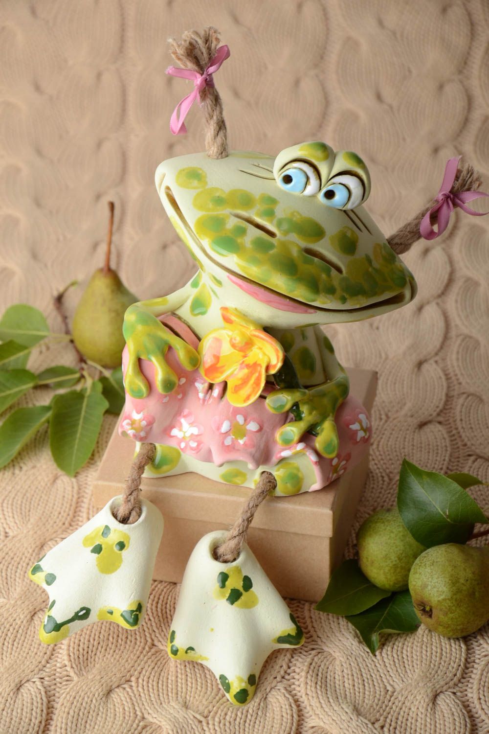 Handmade Keramik Spardose Geschenk für Kinder Haus Deko aus Ton Frosch mit Blume foto 1
