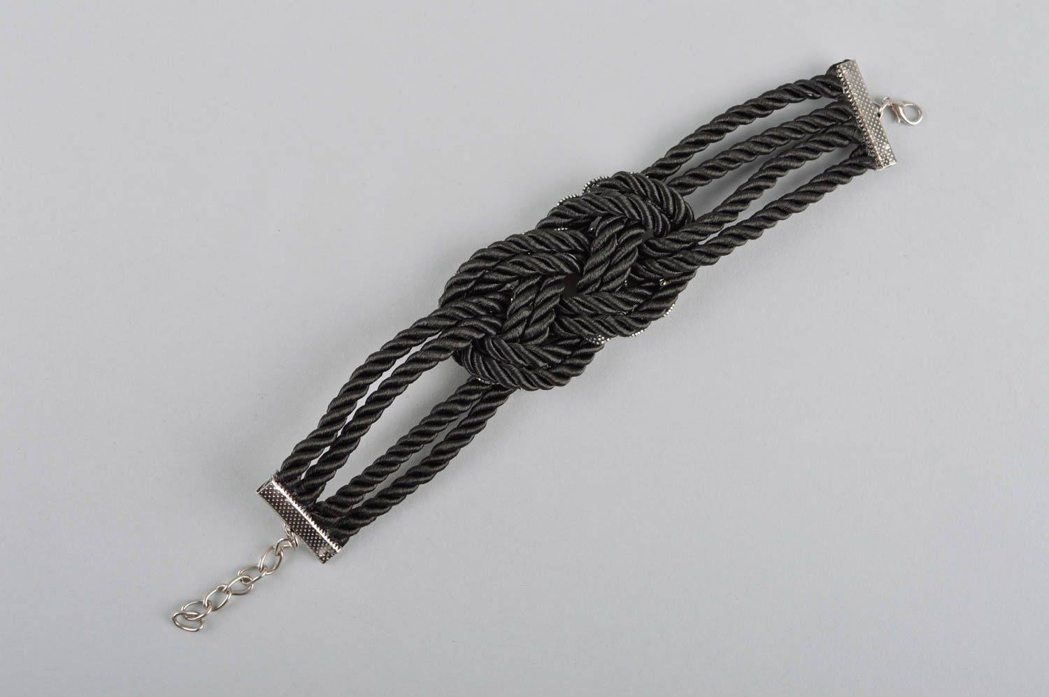 Handmade black wrist bracelet beaded textile bracelet designer accessory photo 5