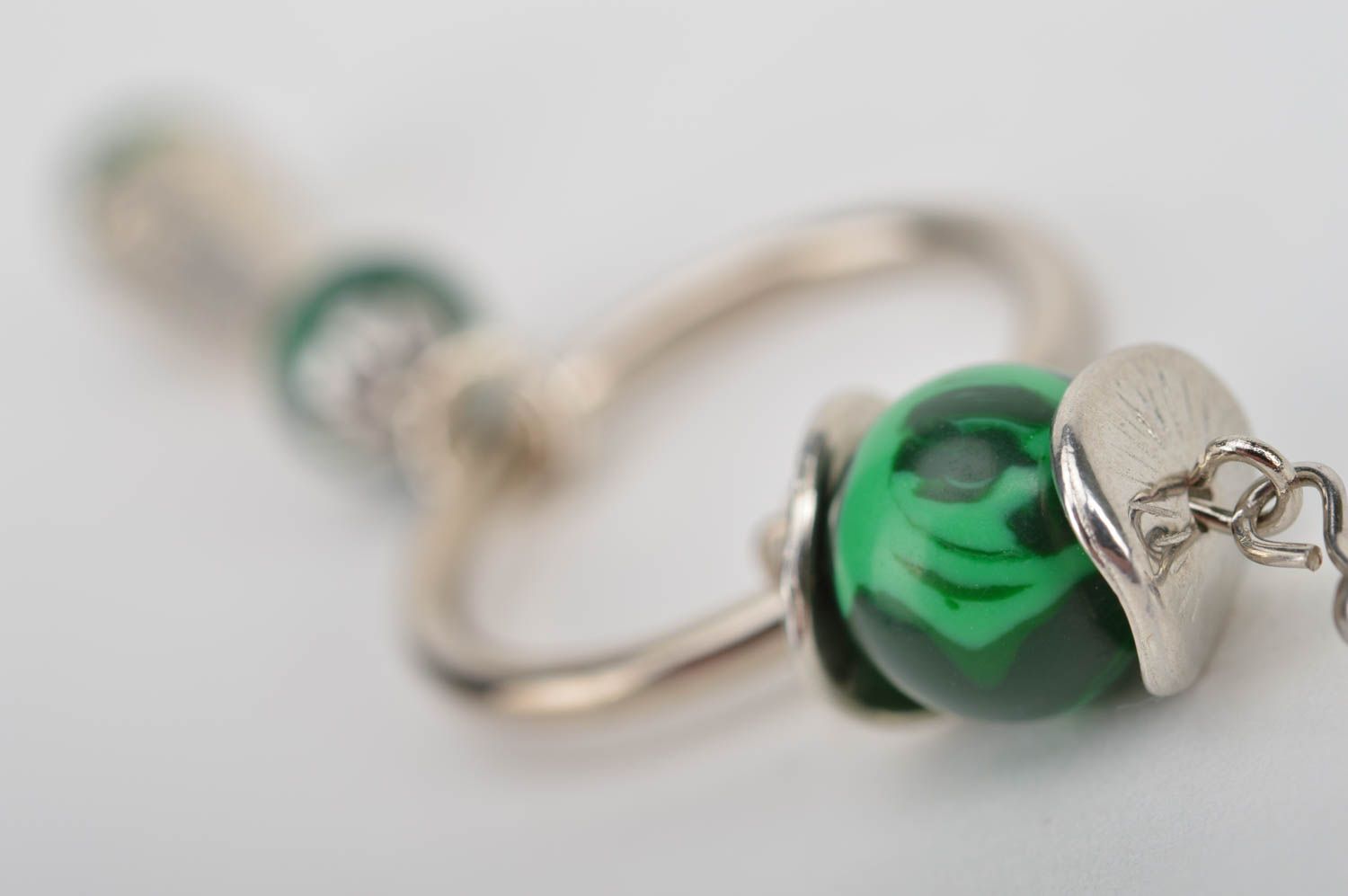 Beautiful handmade long metal hoop earrings with green beads photo 3