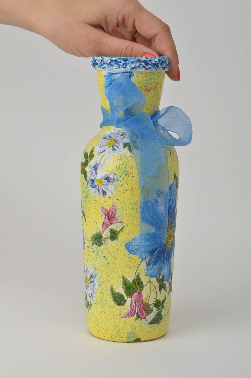 Vase jaune à motif floral Vase fait main serviettage Décoration d'intérieur photo 1