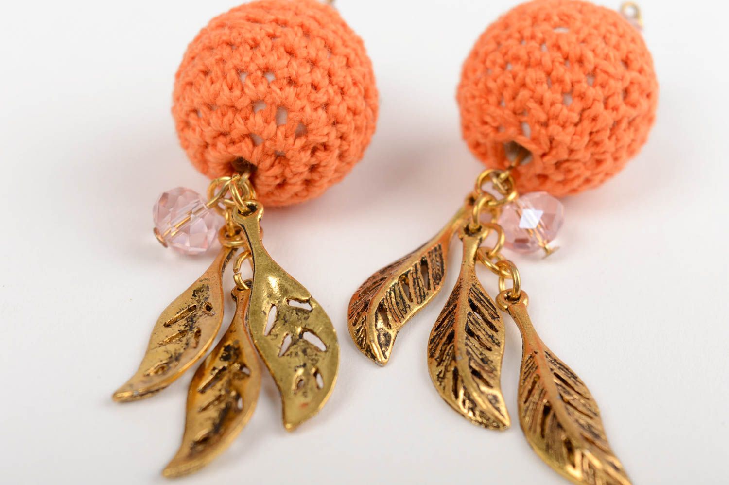 Handmade designer earrings with orange crocheted over beads and crystal glass photo 4
