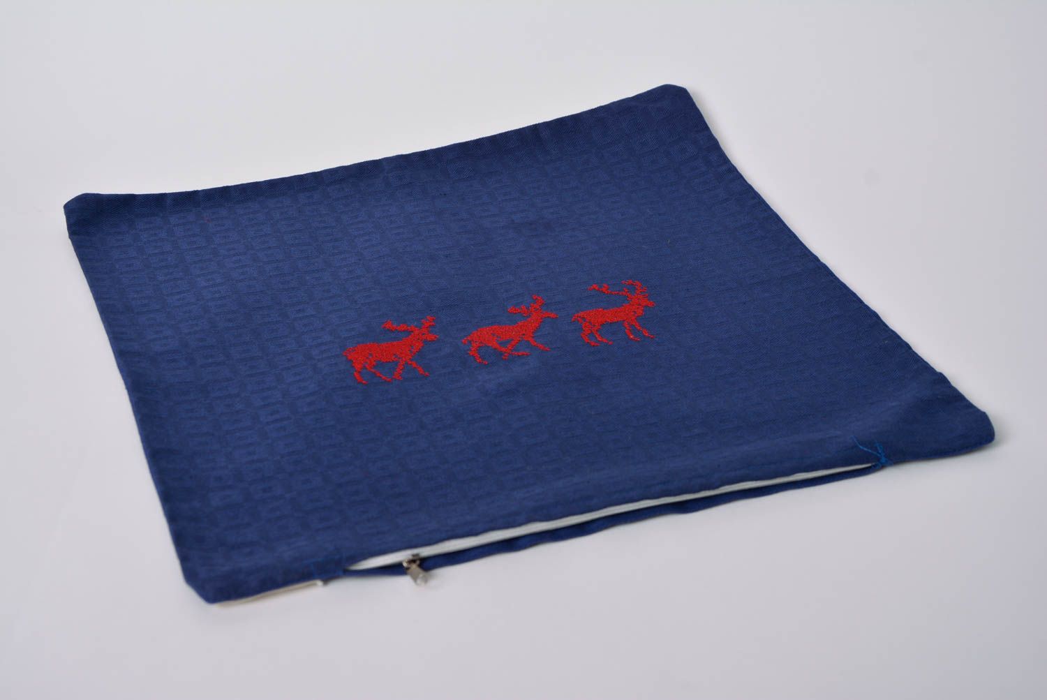 Handmade blue pillow case made of satin with embroidered deer photo 2