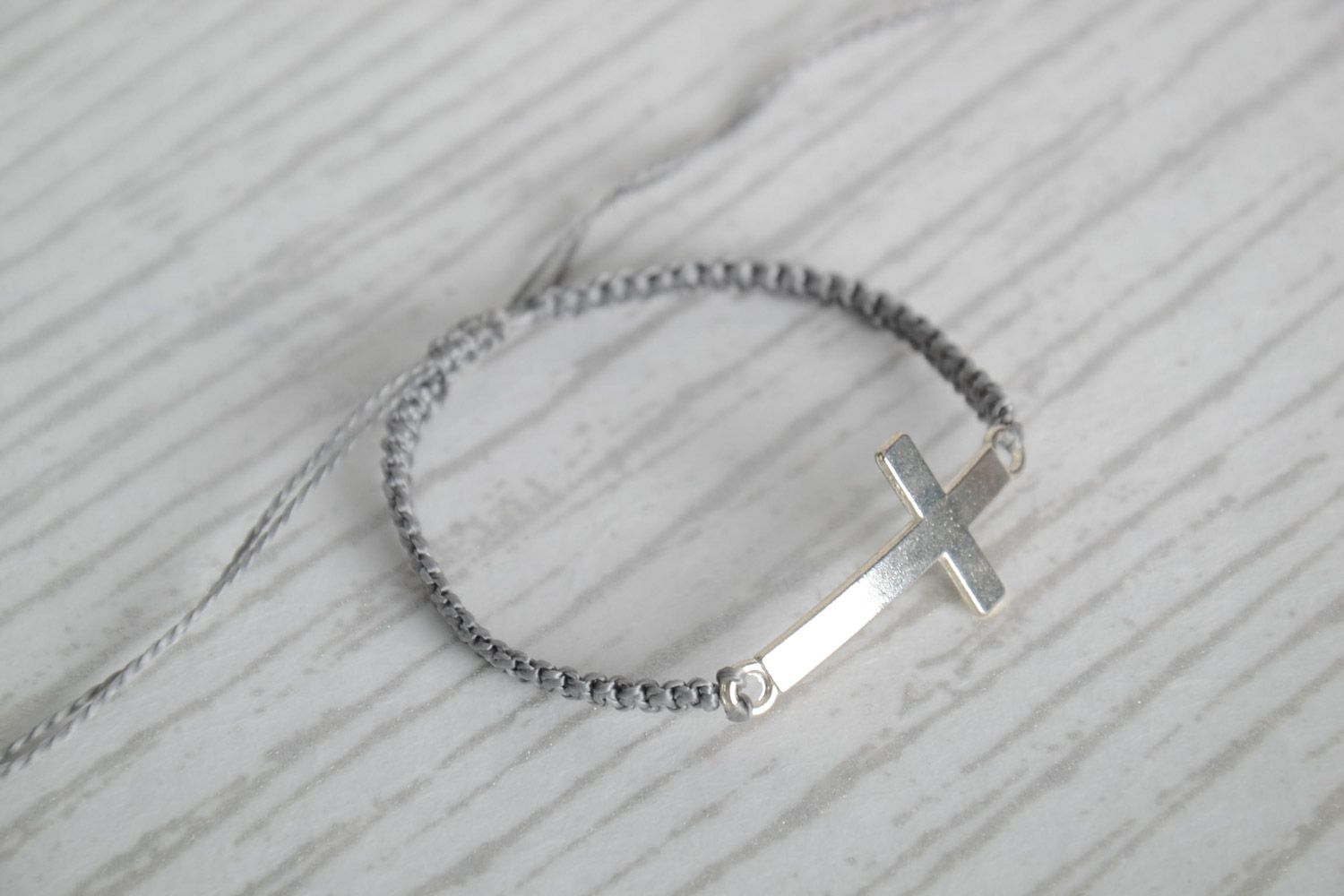 Handmade gray women's cord bracelet with metal cross  photo 1