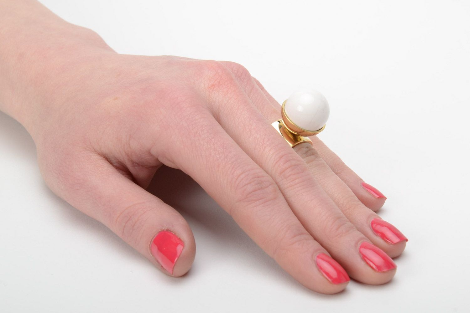 Handmade volume metal seal ring with porcelain bead of white color for women photo 5