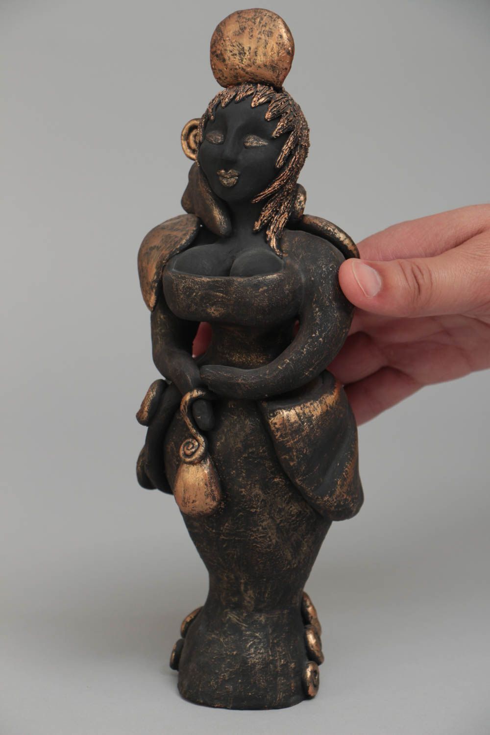 Unusual black handmade designer painted ceramic statuette of woman photo 5