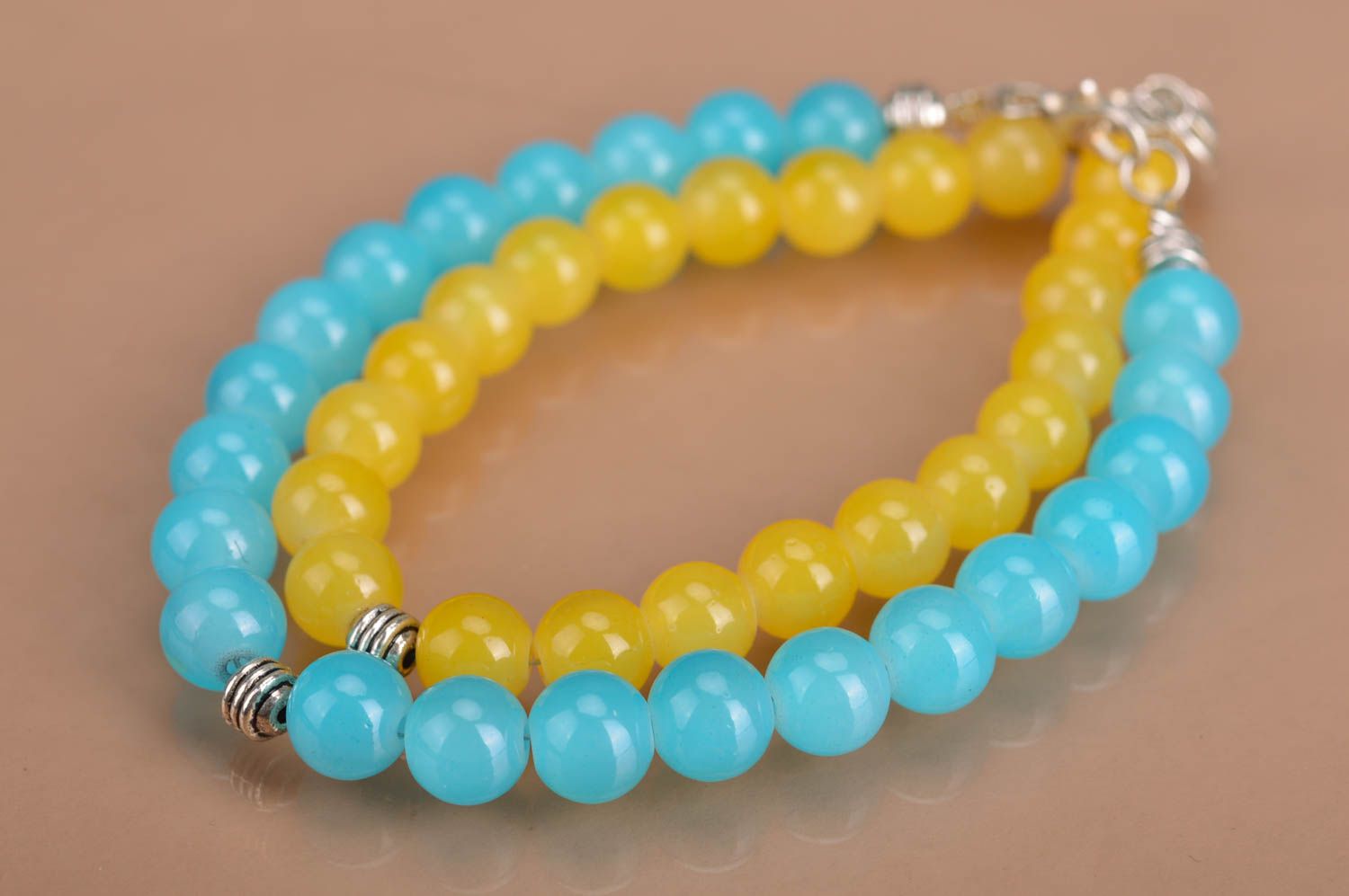 Set of 2 handmade designer women's wrist beaded bracelets yellow and blue neon  photo 2