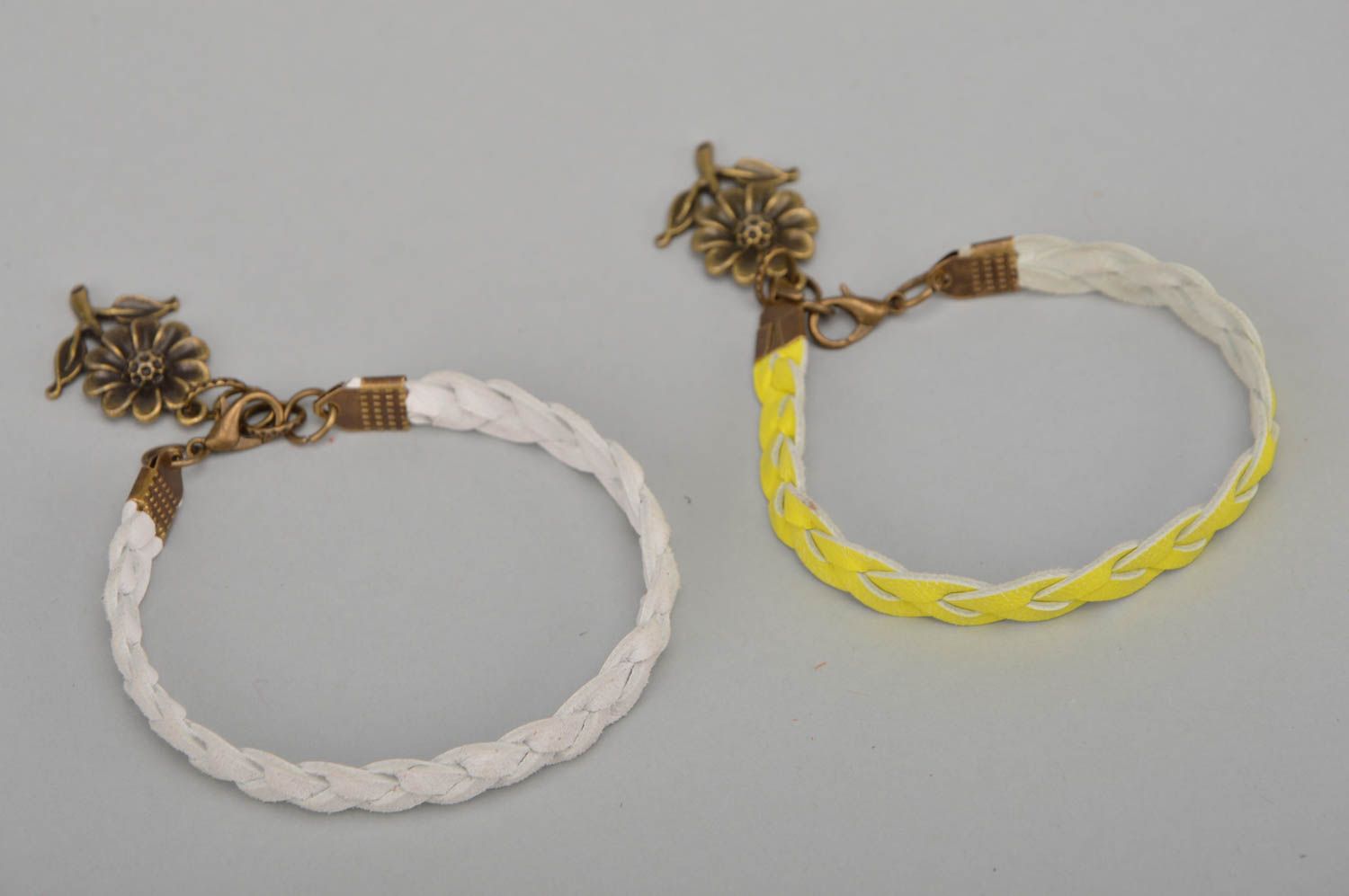 Set of 2 handmade designer genuine leather woven wrist bracelet yellow and white photo 4