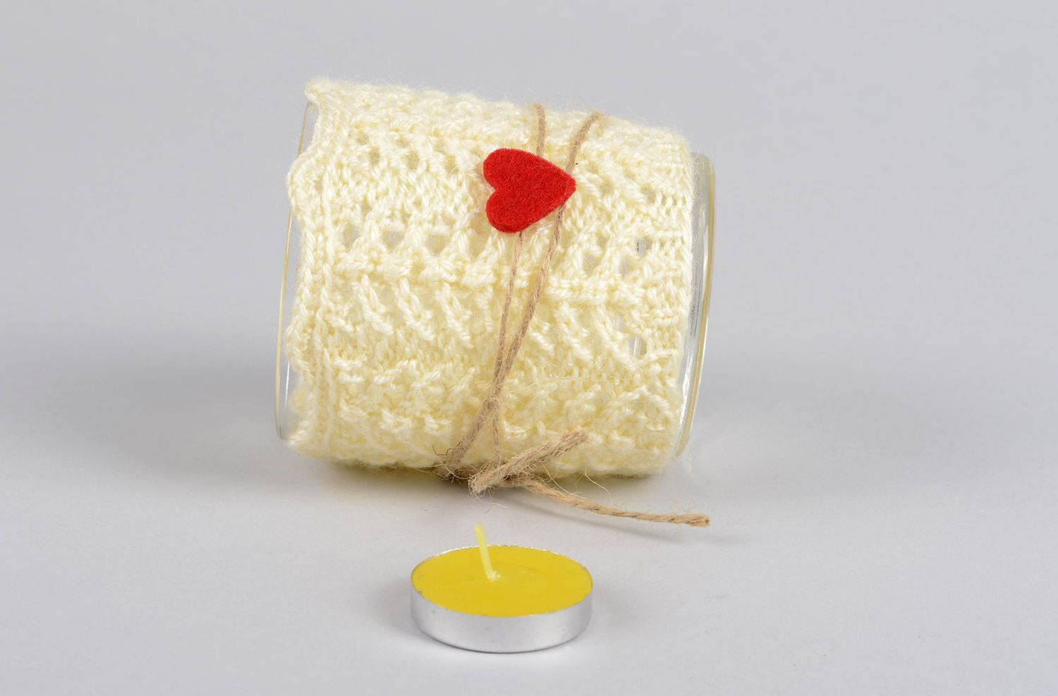 Tea light glass candle holder with knitted cover great Valentine's day gift 3,54 inches photo 3