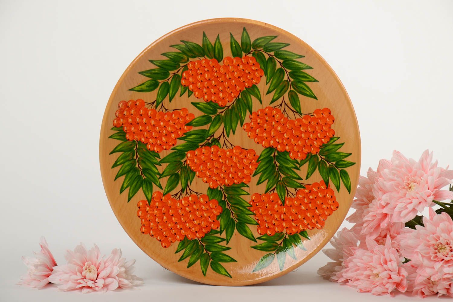 Beautiful bright handmade painted wooden wall plate with berries photo 1