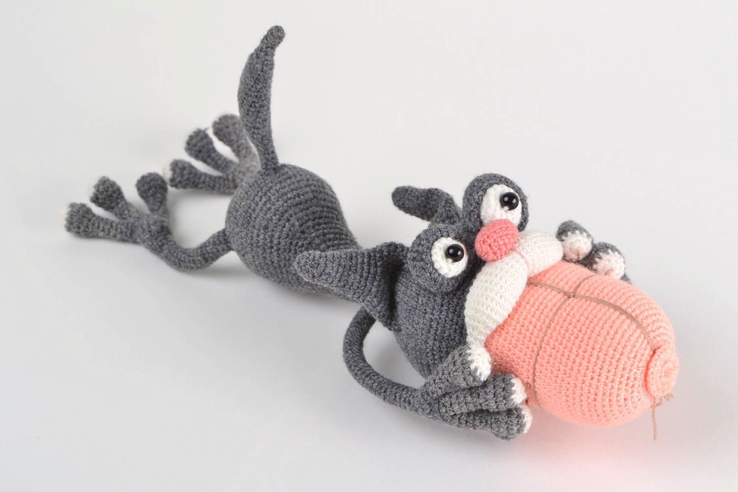 Handmade soft toy crocheted of acrylic threads funny gray cat and sausage  photo 1