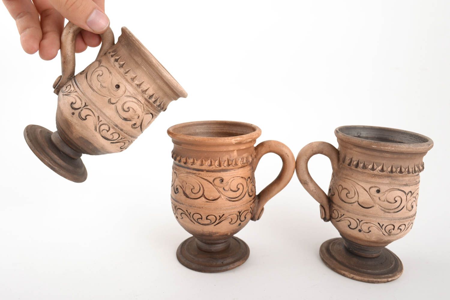 Set de 3 vasos de cerámica artesanales decorados plateados 250 ml foto 3