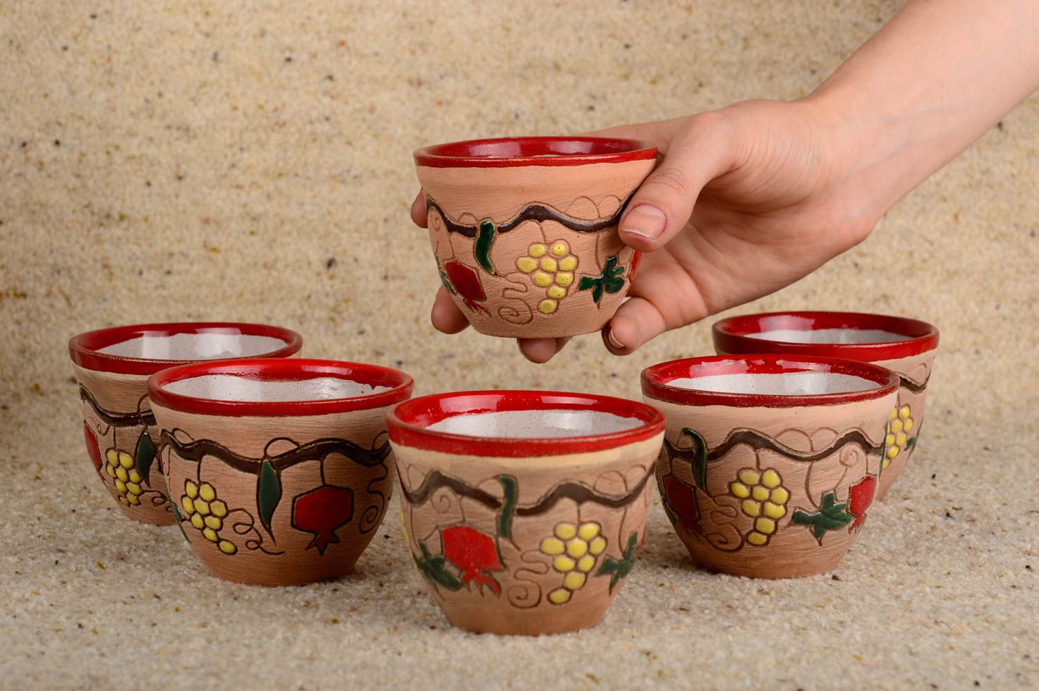 Set of 6 six clay wine cups with grapes' pattern photo 4