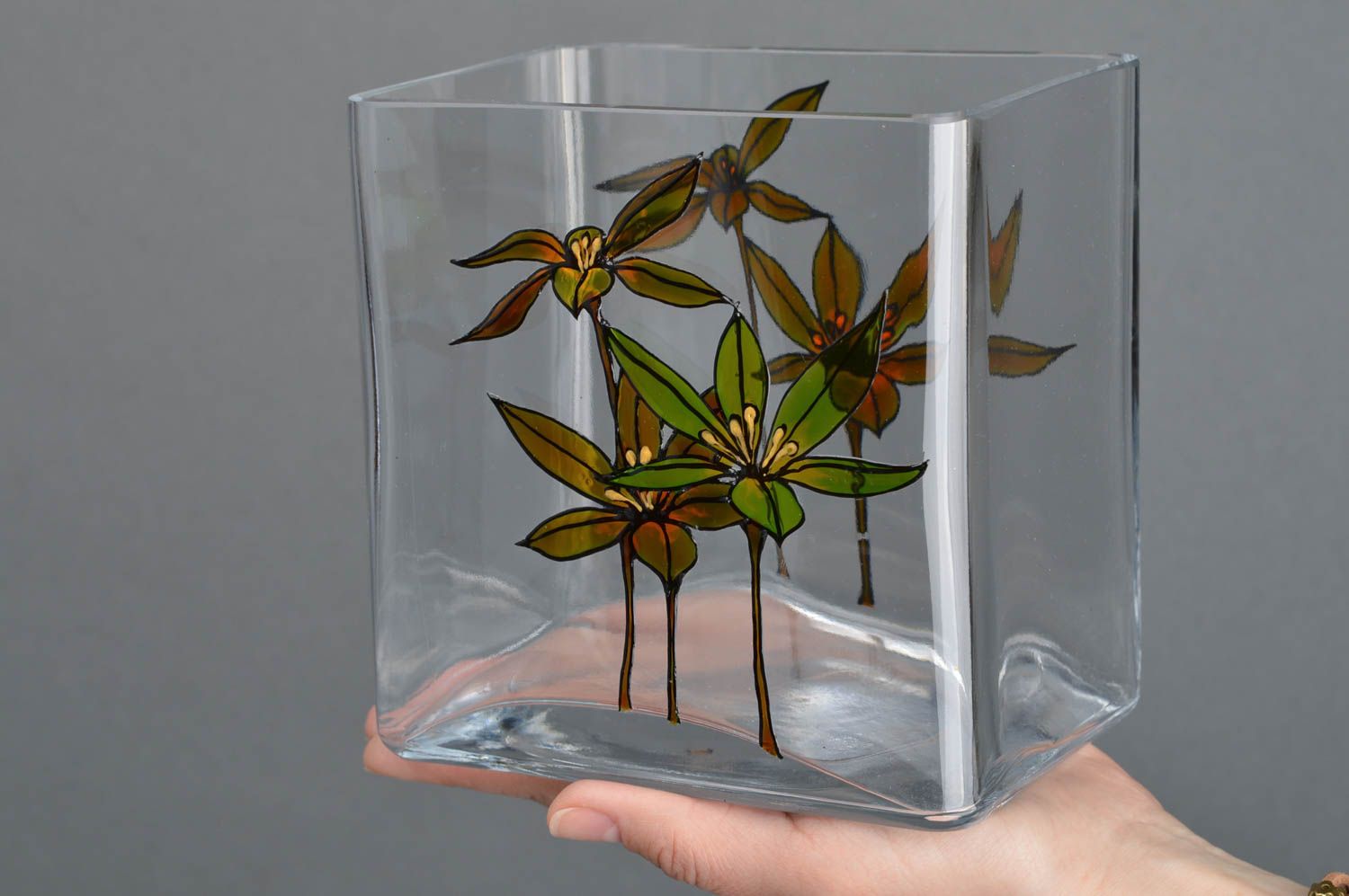 Vase handmade bemalte Vase Wohnzimmer Dekor Vase aus Glas mit Blumenbild foto 2
