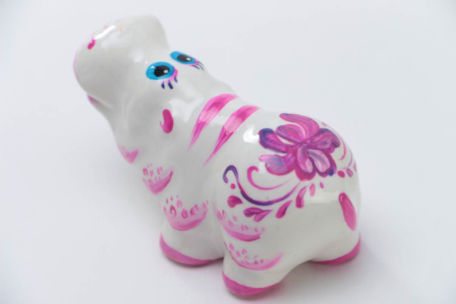Unusual beautiful handmade plaster statuette of hippo white and pink photo 4