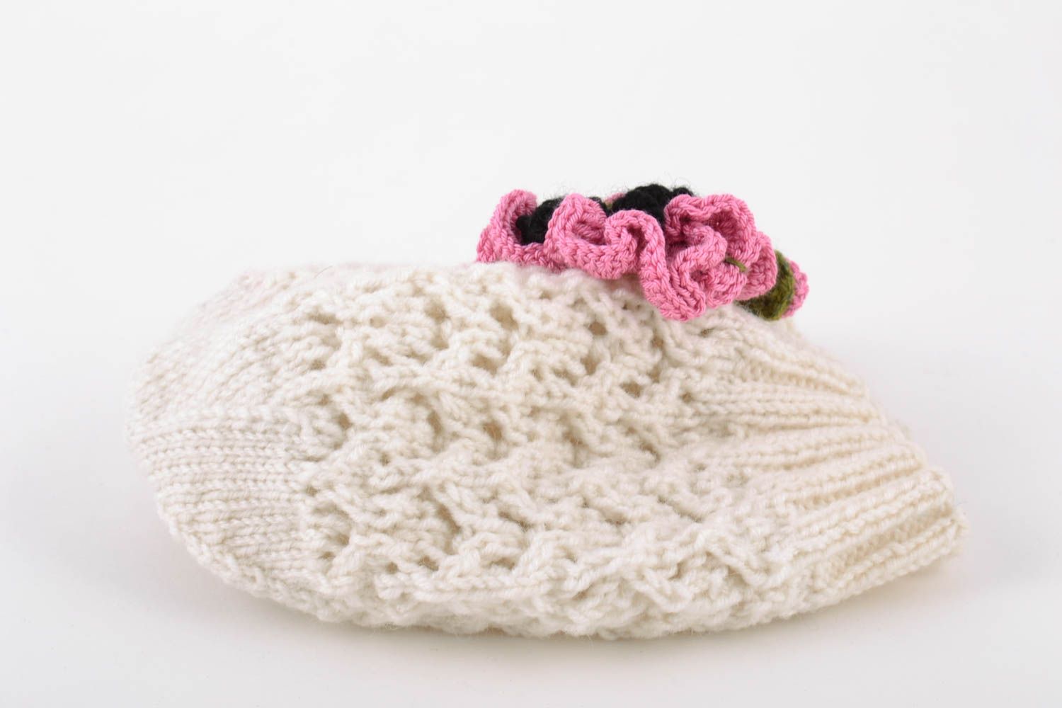 Handmade demi seasonal lacy baby hat crocheted of white cotton threads with flower photo 4