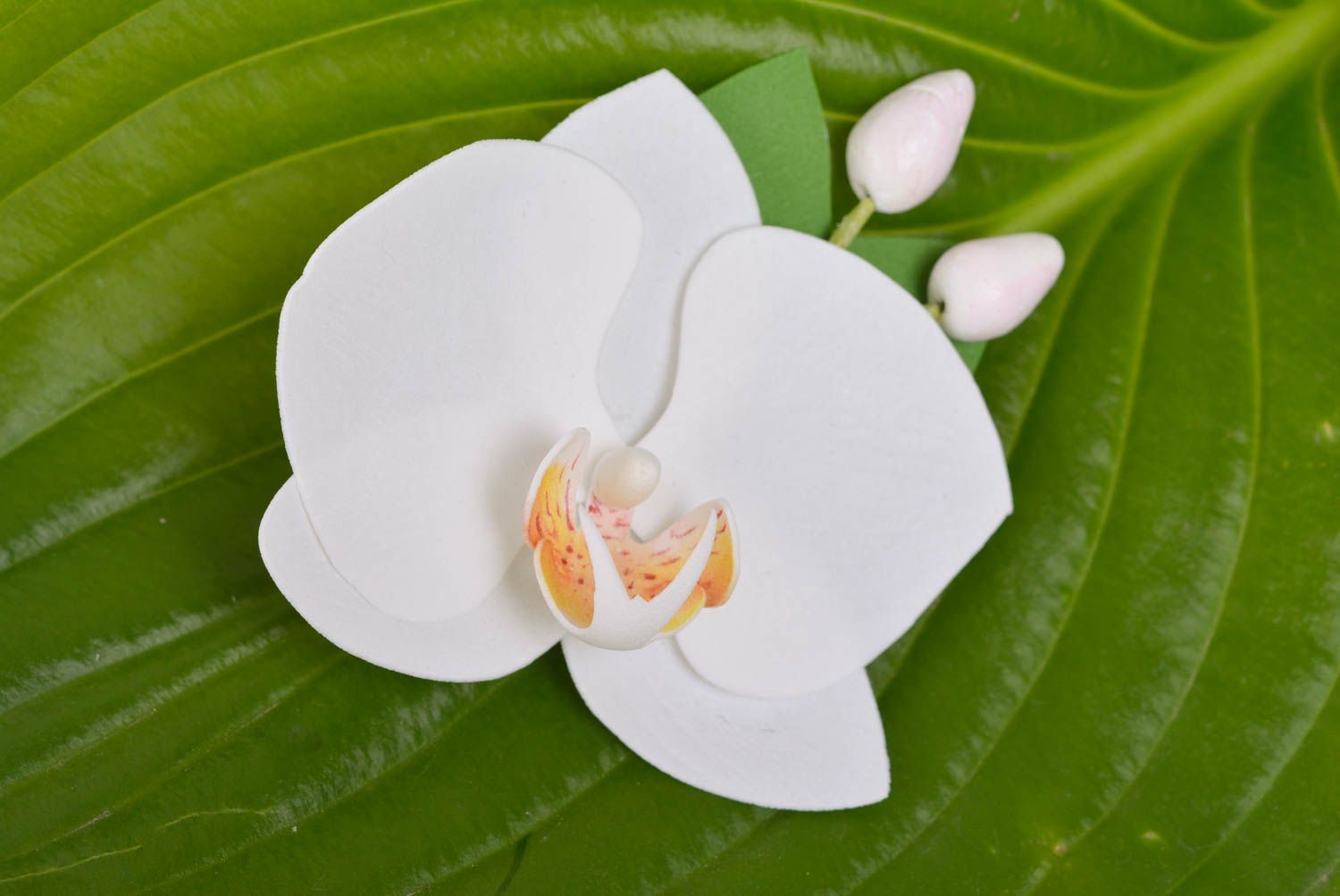 Designer hair clip brooch with handmade foamiran flower white orchid photo 1