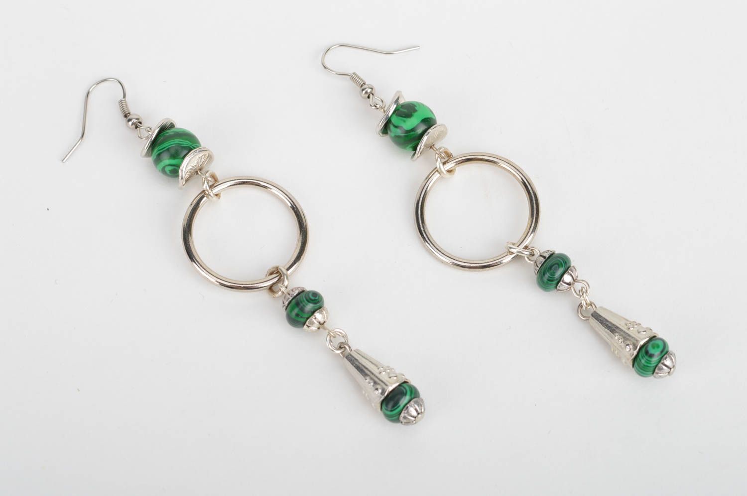 Beautiful handmade long metal hoop earrings with green beads photo 5