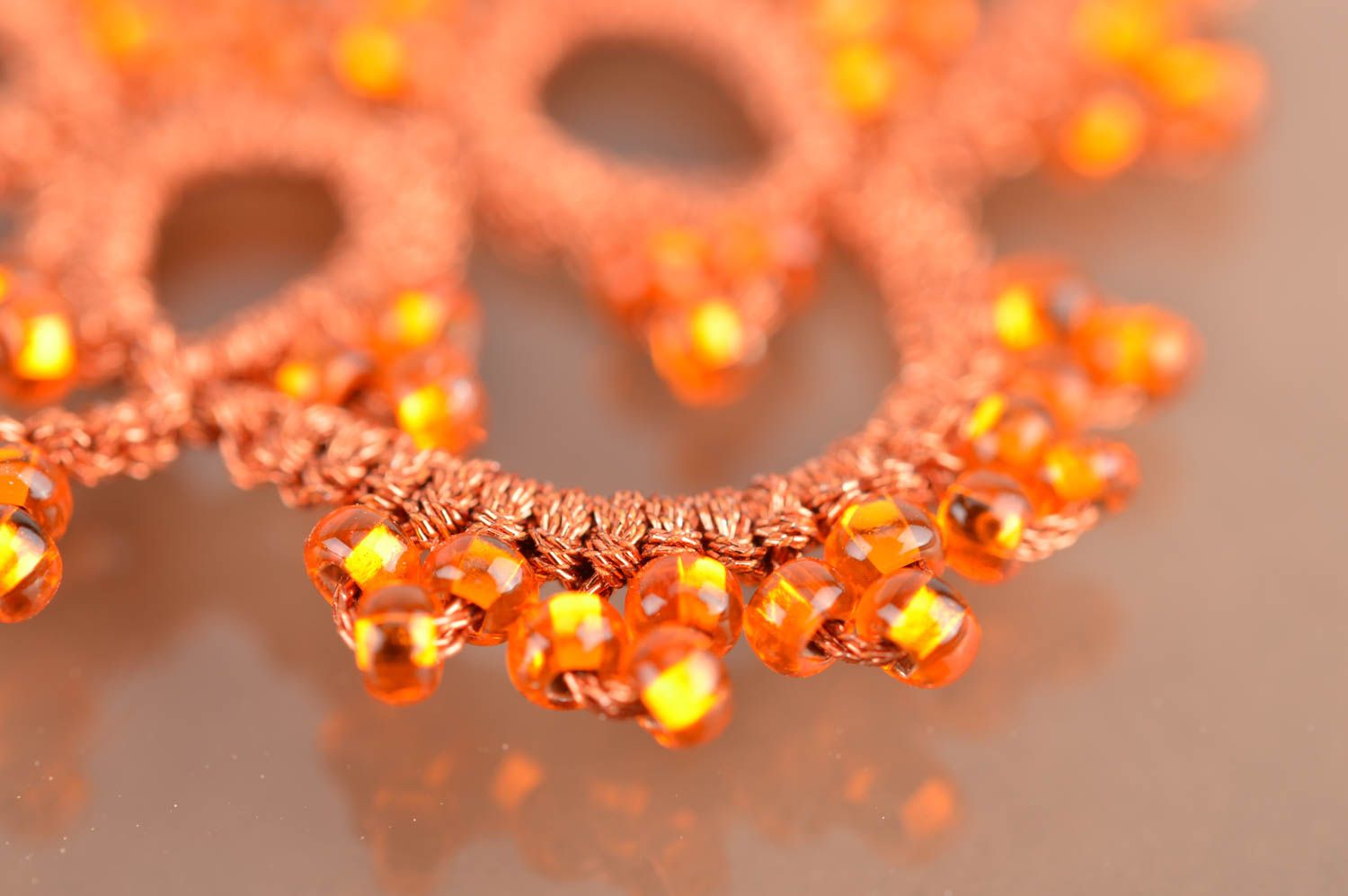 Large orange handmade designer tatted earrings with beads unusual jewelry photo 4