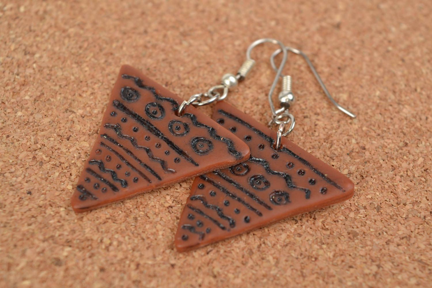Handmade triangular earrings with charms made of polymer clay with pattern photo 1